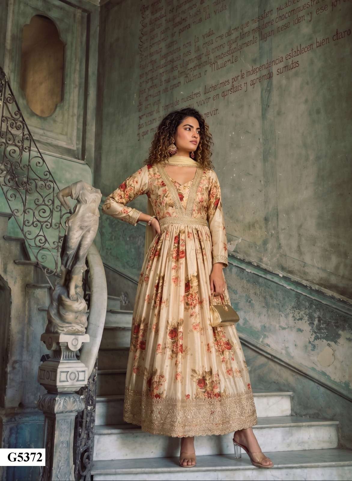 SANAAYA BOUTIQUE CHINON SILK DIGITAL PRINT PARTY WEAR LONG GOWN COLLECTION TEXTILE SHOP